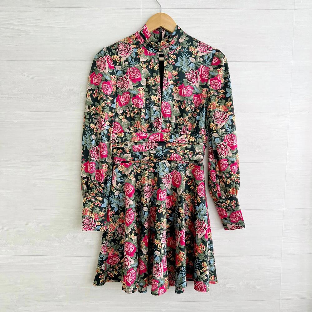 WAYF - Black floral cut-out fit & flare dress, XS